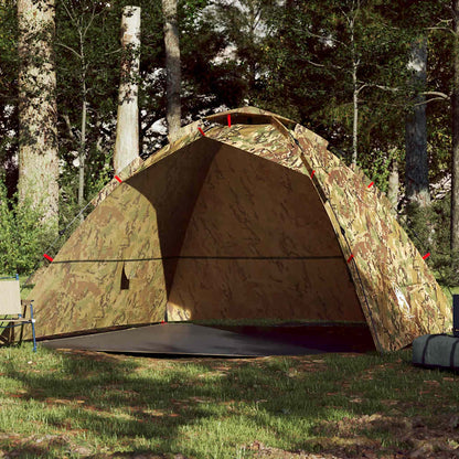 Camouflage vidaXL tent voor 4 personen met snelopzet systeem in een bosrijke omgeving.