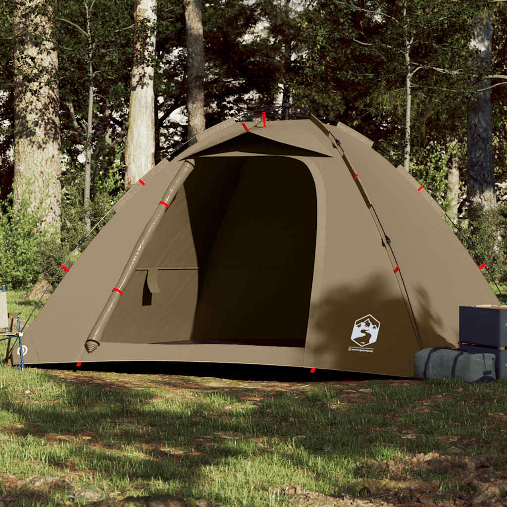 Olijfgroene vidaXL Vistent 4-persoons tent met snelontgrendeling in een bosrijke omgeving.