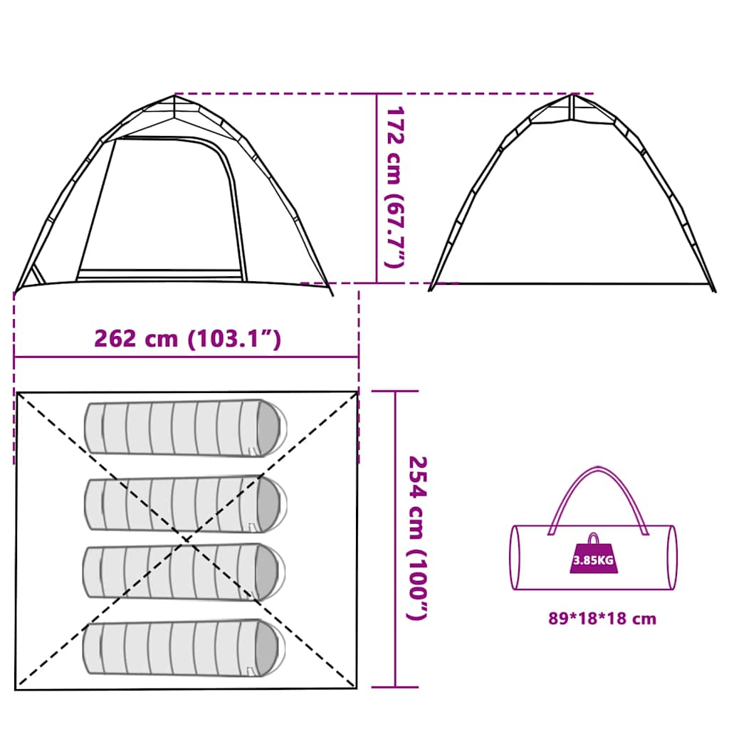 Detail van de afmetingen van de vidaXL 4-persoons tent met snelontgrendeling.