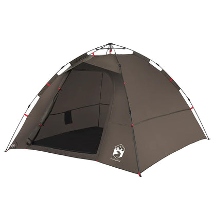 Detail van de vidaXL 4-persoons tent in bruin, met open ingang en zichtbare waterdichte stof.