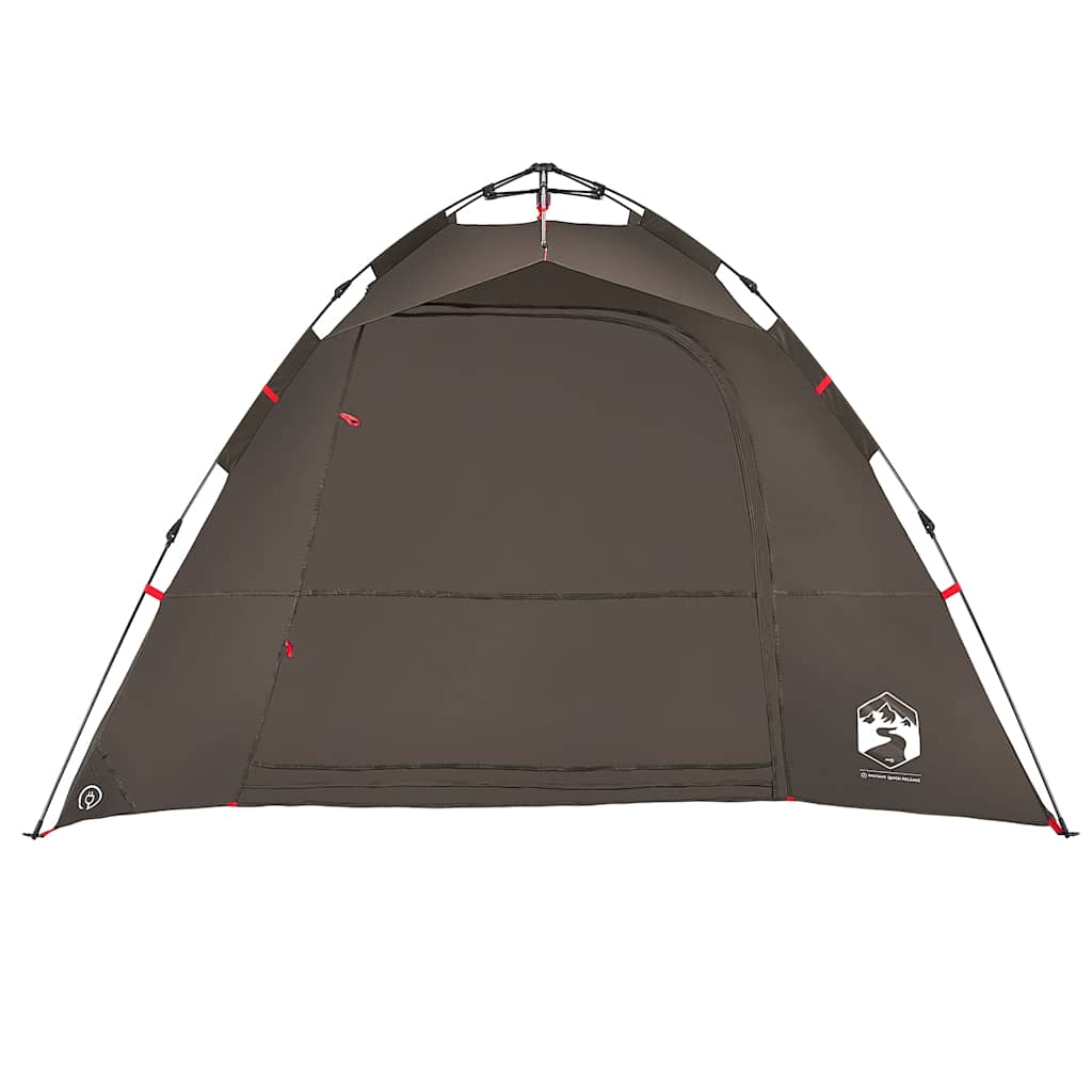 Detail van de bruin vidaXL tent met snelontgrendeling, zijaanzicht en open ingang.