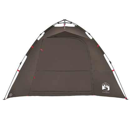 Detail van de bruin vidaXL tent met snelontgrendeling, zijaanzicht en open ingang.
