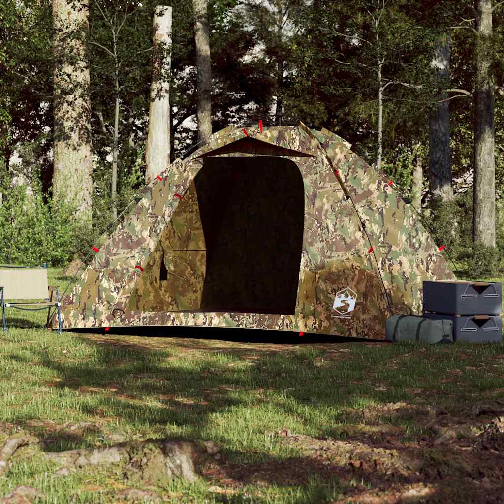 Camouflage tent van vidaXL met snelontgrendeling, zijaanzicht in een bosrijke omgeving.