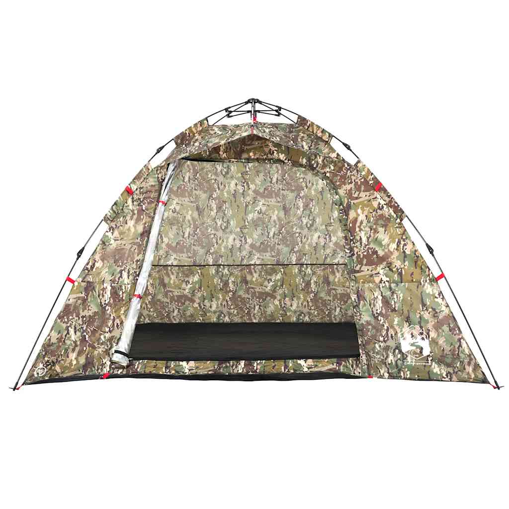Detail van de vidaXL 4-persoons tent in camouflage met open ingang en zwarte vloer.
