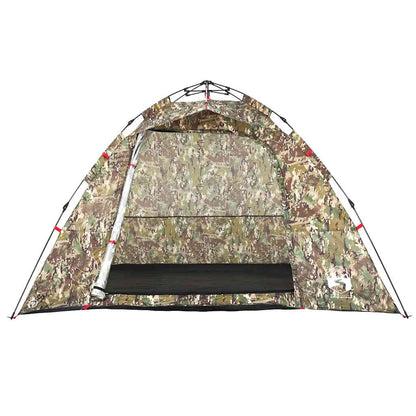 Detail van de vidaXL 4-persoons tent in camouflage met open ingang en zwarte vloer.