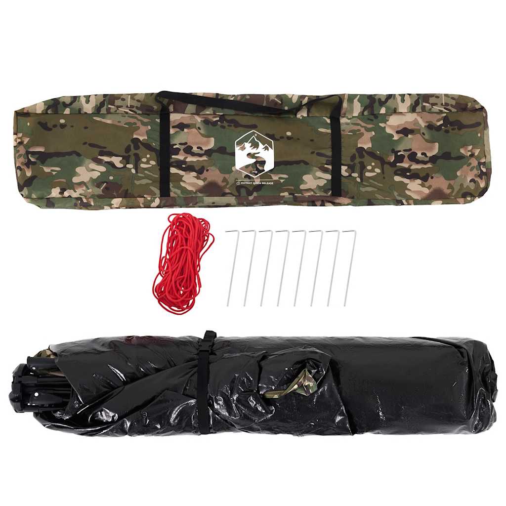Camouflage tent van vidaXL met opbergzak, haringen en spanlijnen in detail.