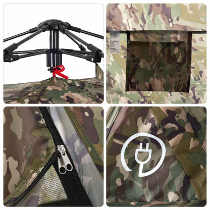Detail van de camouflage tent met snelontgrendeling en waterdichte ritsen.