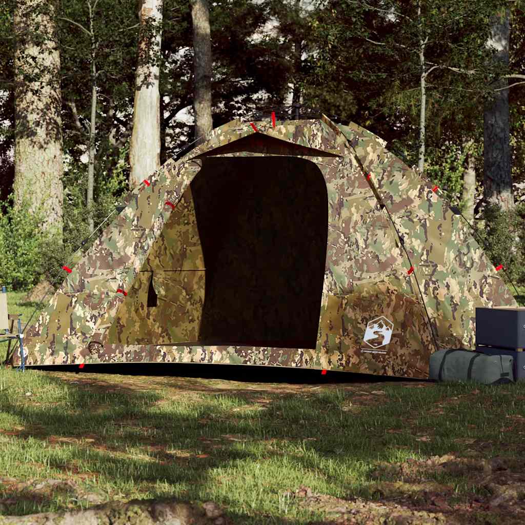 Tent vidaXL 4-persoons camouflage met snelontgrendeling, opgesteld in bosrijke omgeving.