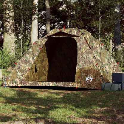 Tent vidaXL 4-persoons camouflage met snelontgrendeling, opgesteld in bosrijke omgeving.