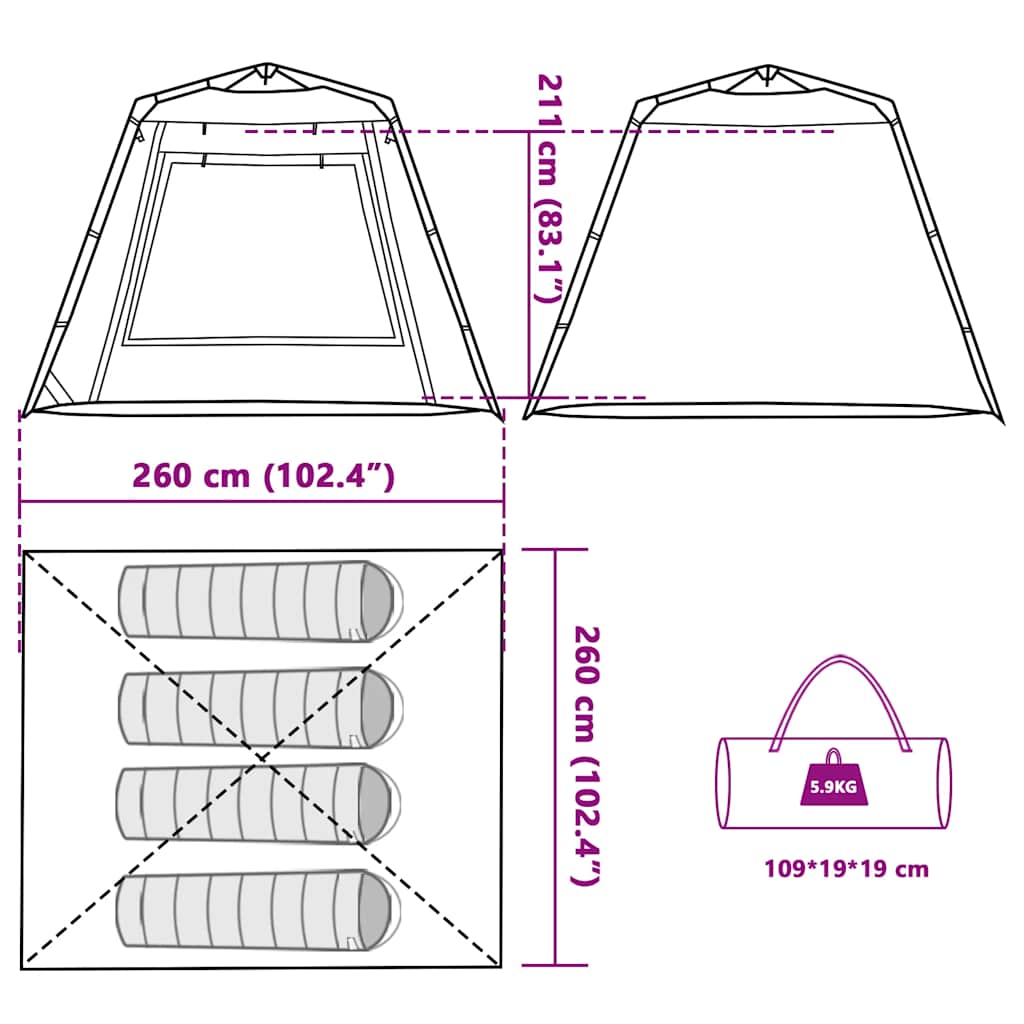 Technische tekening van de vidaXL Vistent tent met afmetingen en opbergtas.
