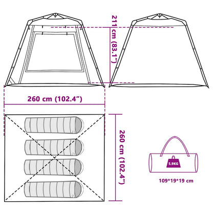 Technische tekening van de vidaXL Vistent tent met afmetingen en opbergtas.