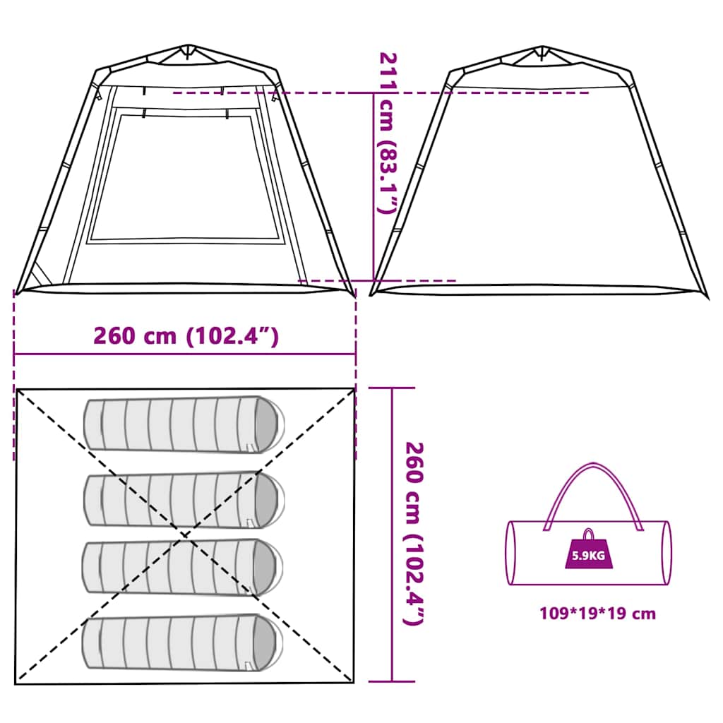 Detailweergave van de vidaXL Vistent tent met afmetingen en draagtas.