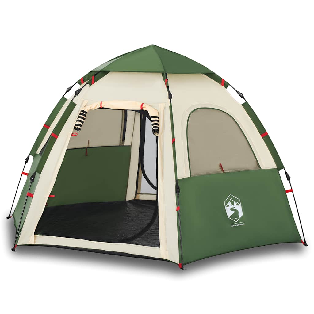 Detail van de vidaXL 4-persoons kampeertent in groen met open ingang en ventilatieramen.