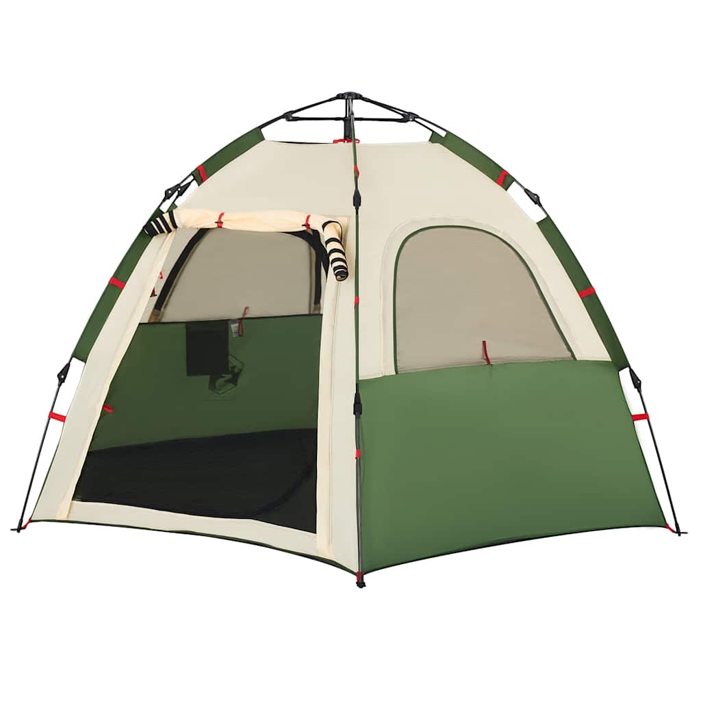 Detail van de vidaXL 4-persoons kampeertent met groen en beige kleur, zijaanzicht.