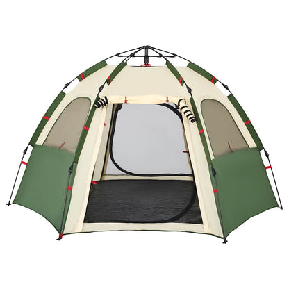 Detail van de vidaXL 4-persoons kampeertent in groen, met open ingang en ventilatieroosters.