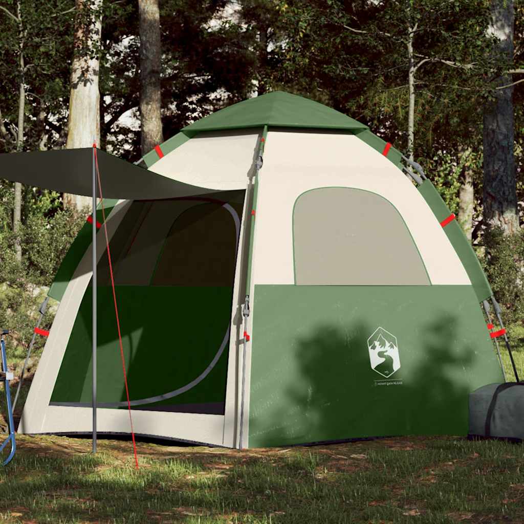 Groene vidaXL 4-persoons kampeertent met snelontgrendeling en open ingang in de natuur.