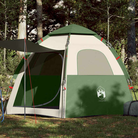 Groene vidaXL 4-persoons kampeertent met snelontgrendeling en open ingang in de natuur.