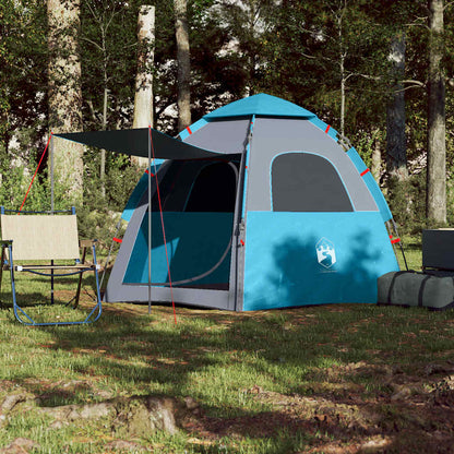 Detail van de vidaXL 4-persoons kampeertent in blauw met een luifel en campingstoelen.