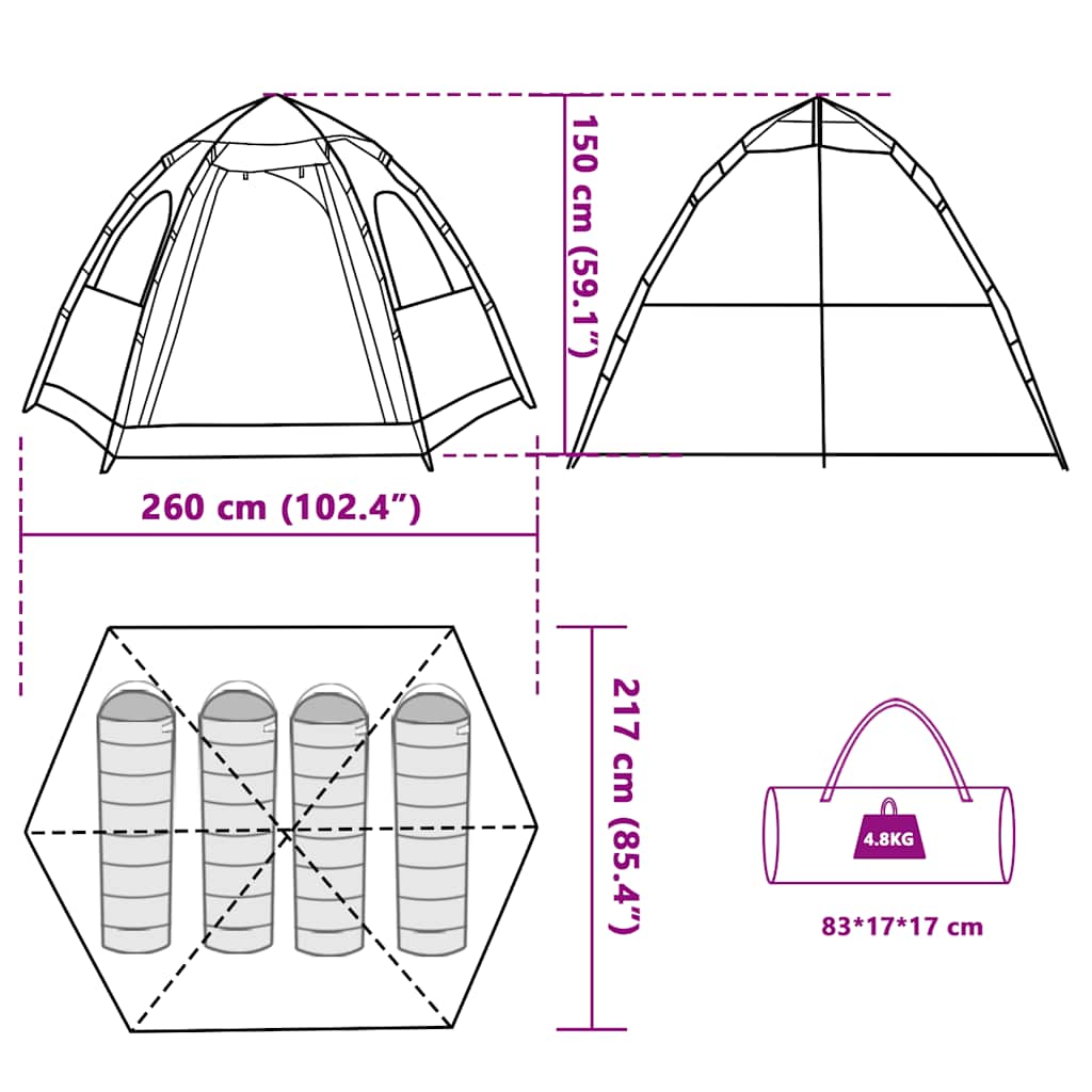Detailweergave van de vidaXL 4-persoons kampeertent met afmetingen en opbergmogelijkheden.