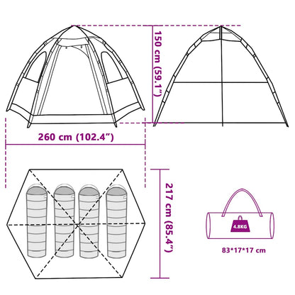 Detailweergave van de vidaXL 4-persoons kampeertent met afmetingen en opbergmogelijkheden.