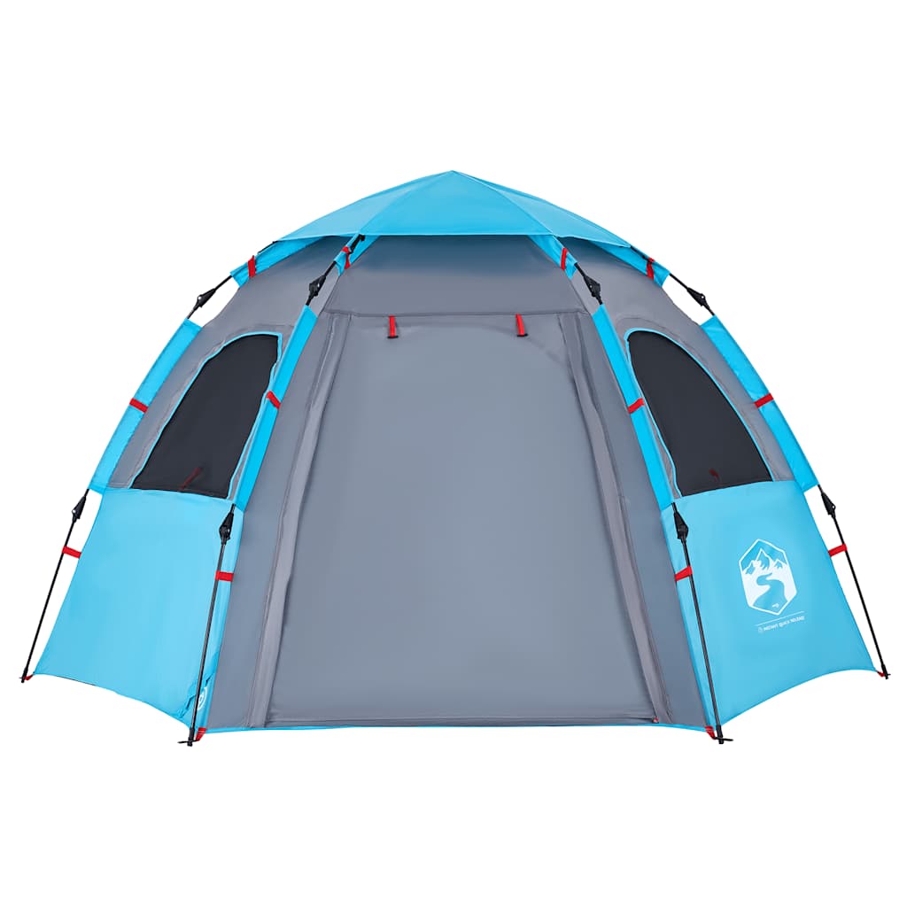 Zijaanzicht van de vidaXL 4-persoons kampeertent in blauw met snelontgrendeling.