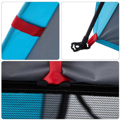 Detail van de snelontgrendeling en bevestigingssystemen van de vidaXL 4-persoons kampeertent in blauw.