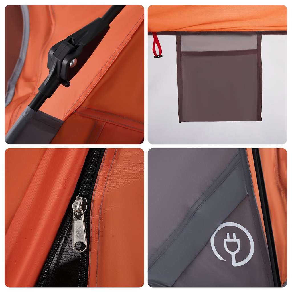 Detail van de snelontgrendeling en opbergvak van de vidaXL 4-persoons tent in grijs en oranje.