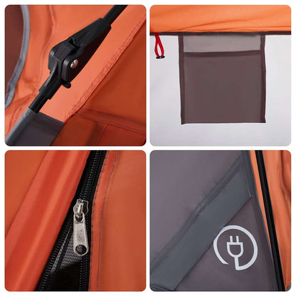 Detail van de snelontgrendeling en opbergvak van de vidaXL 4-persoons tent in grijs en oranje.