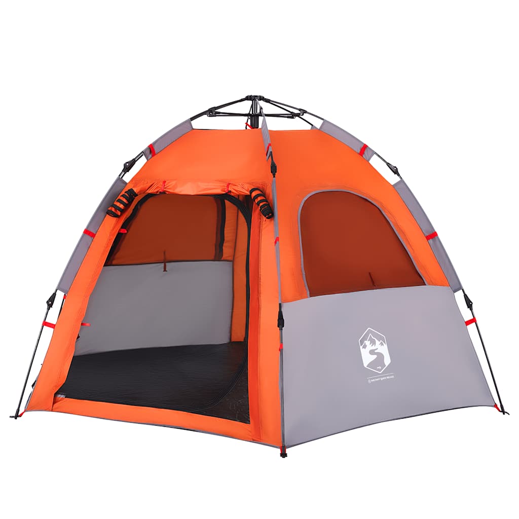 Detail van de vidaXL 4-persoons kampeertent in grijs en oranje, met snelontgrendeling.