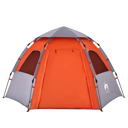 Zijaanzicht van de vidaXL 4-persoons kampeertent met grijze en oranje kleuren.