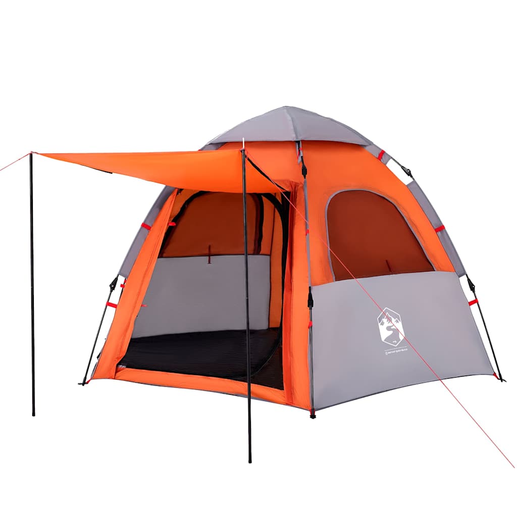Detail van de vidaXL 4-persoons kampeertent met grijs en oranje kleur, zijaanzicht met luifel.