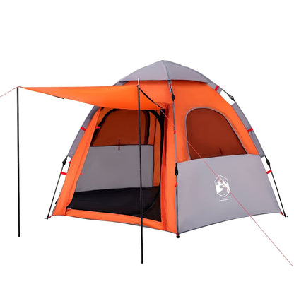 Detail van de vidaXL 4-persoons kampeertent met grijs en oranje kleur, zijaanzicht met luifel.