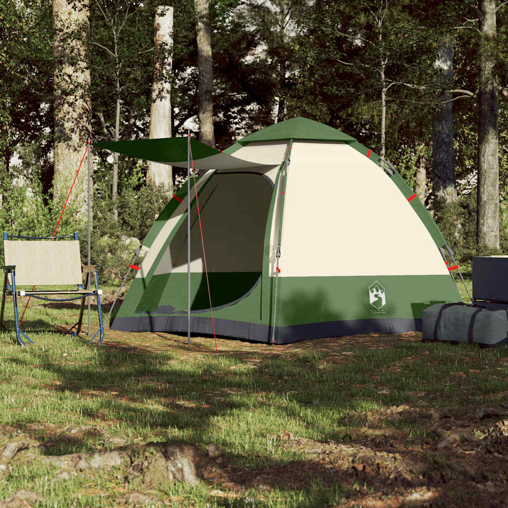 Detail van de vidaXL 4-persoons kampeertent in groen, met een uitklapbare luifel.