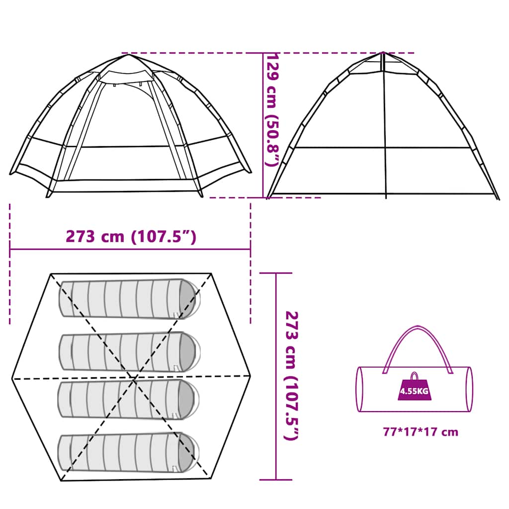Detailweergave van de vidaXL 4-persoons kampeertent met afmetingen en indeling voor slaapplaatsen.