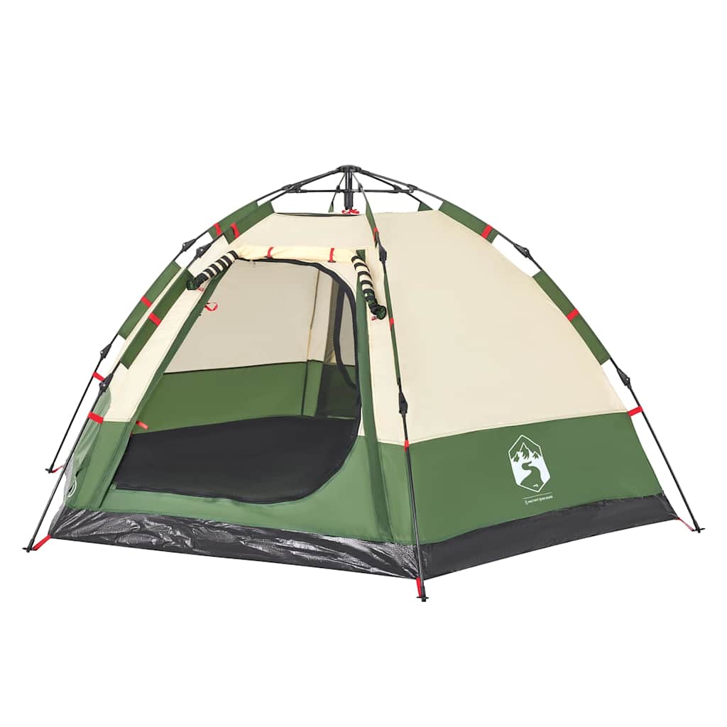 Detail van de vidaXL 4-persoons kampeertent in groen met open deur en ventilatierooster.