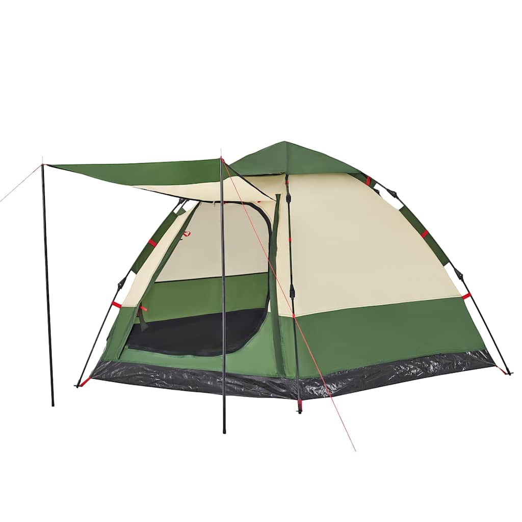 Detail van de vidaXL 4-persoons kampeertent in groen met een zijaanzicht en luifel.