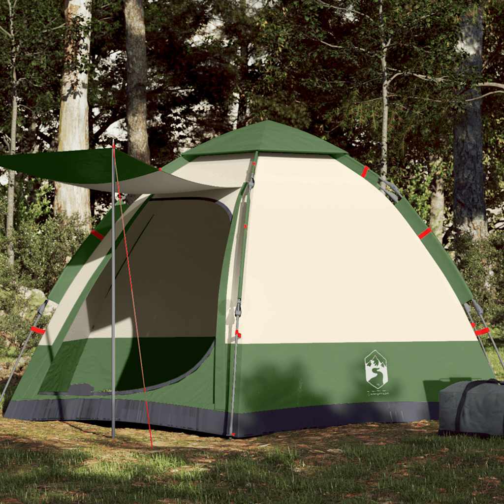 Groene vidaXL 4-persoons kampeertent met snelontgrendeling en luifel, zijaanzicht.