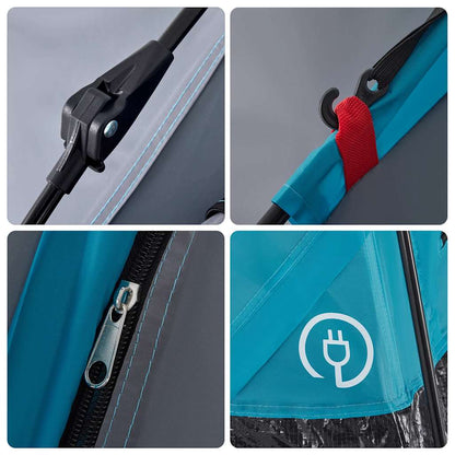 Detail van de snelontgrendeling en rits van de vidaXL 4-persoons tent in blauw.