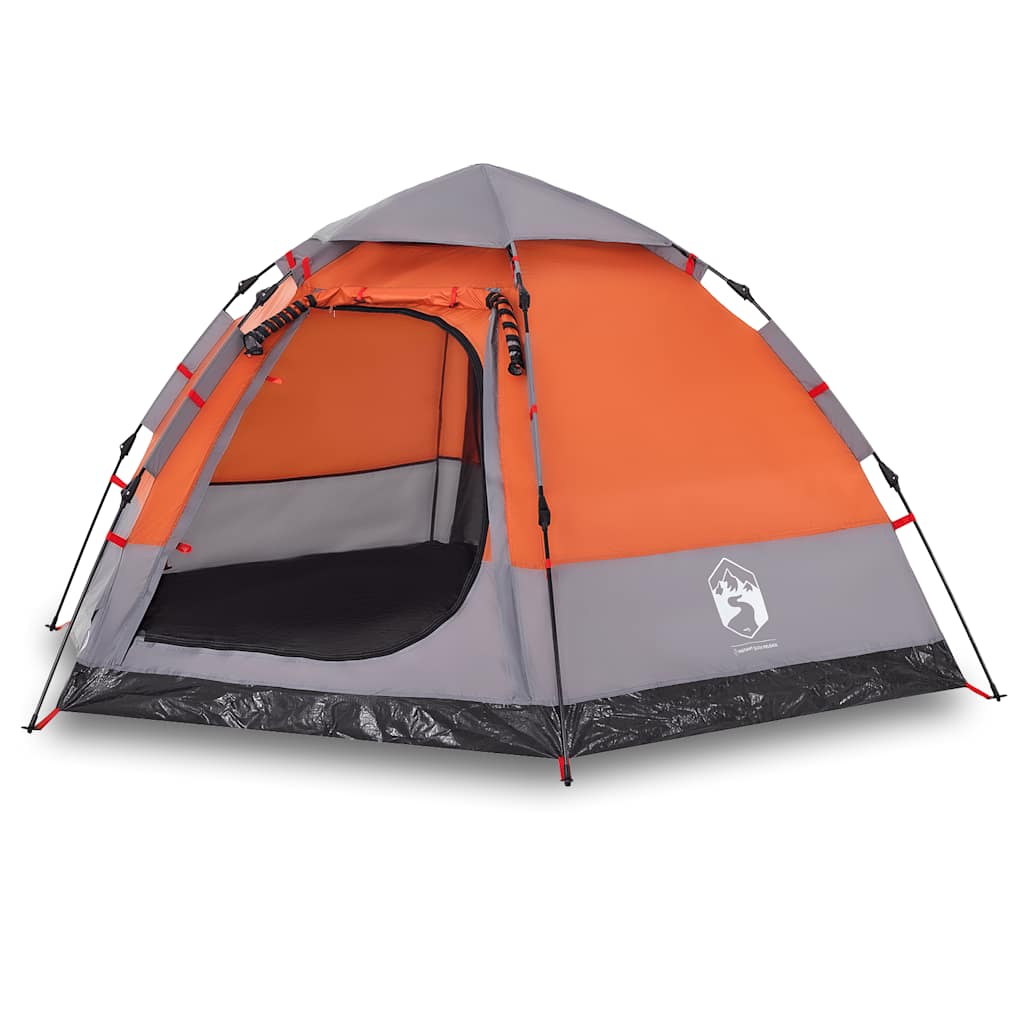 Detail van de vidaXL 4-persoons kampeertent in grijs en oranje, zijaanzicht met ingang geopend.