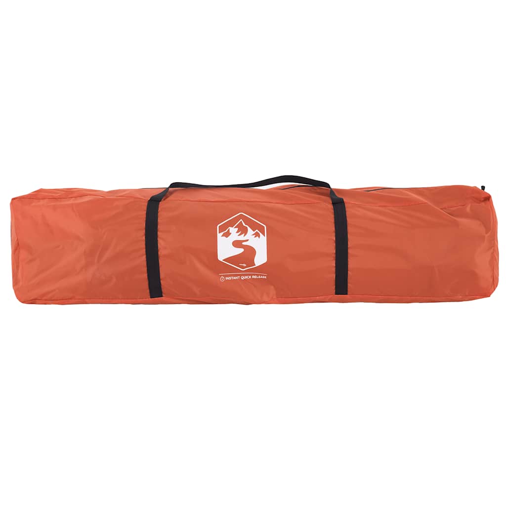 Grijze en oranje vidaXL kampeertent opgerold in beschermende tas met handvat.