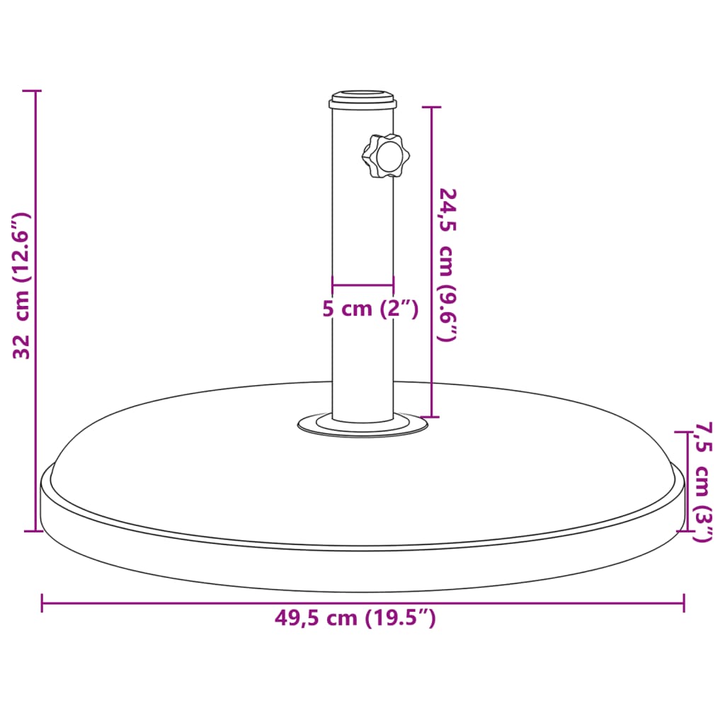 Detail van de vidaXL parasolvoet met afmetingen en aandraaiknop voor extra stabiliteit.