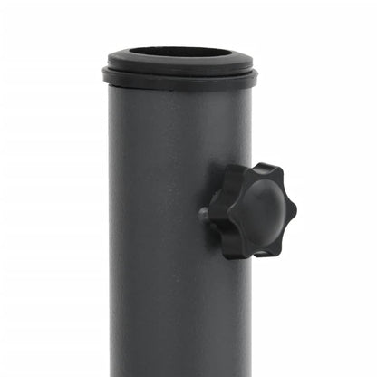 Detail van de zwarte parasolvoet van vidaXL met aandraaiknop voor stevige bevestiging.