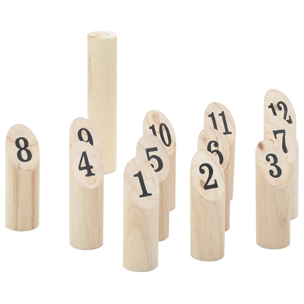 Detail van de houten nummers in de vidaXL Nummerkubb spelset, met duidelijke zwart-witte cijfers.