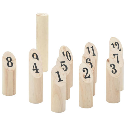 Detail van de houten nummers in de vidaXL Nummerkubb spelset, met duidelijke zwart-witte cijfers.