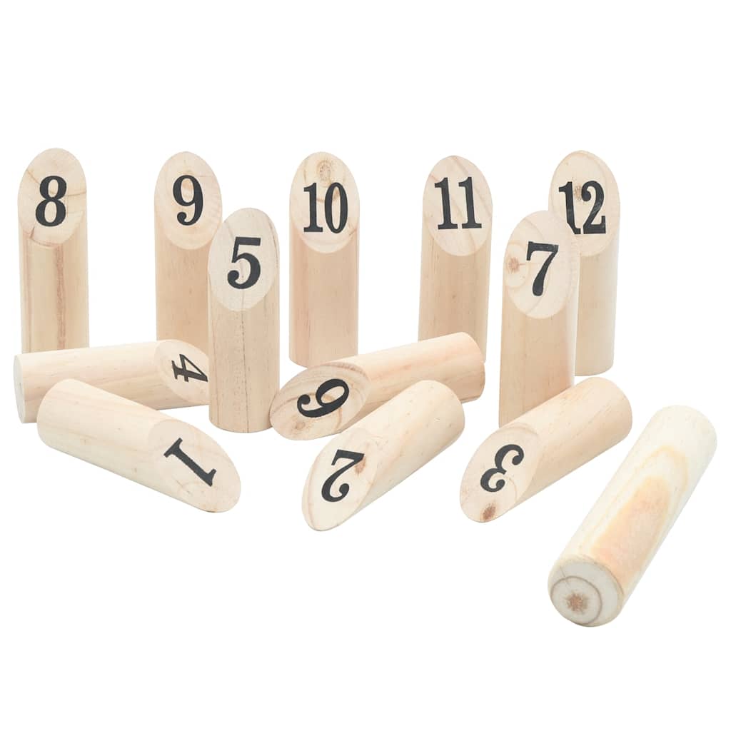 Detail van de houten nummerkubb-stukken met duidelijk zichtbare cijfers van 1 tot 12.