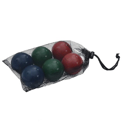 Zes kleurrijke jeu de boules ballen in een zwarte netten draagtas.