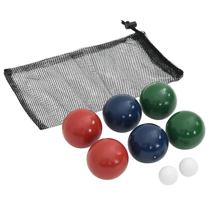 Detail van de vidaXL Jeu de boules ballenset met drie groene, twee rode en twee blauwe ballen in een netzak.
