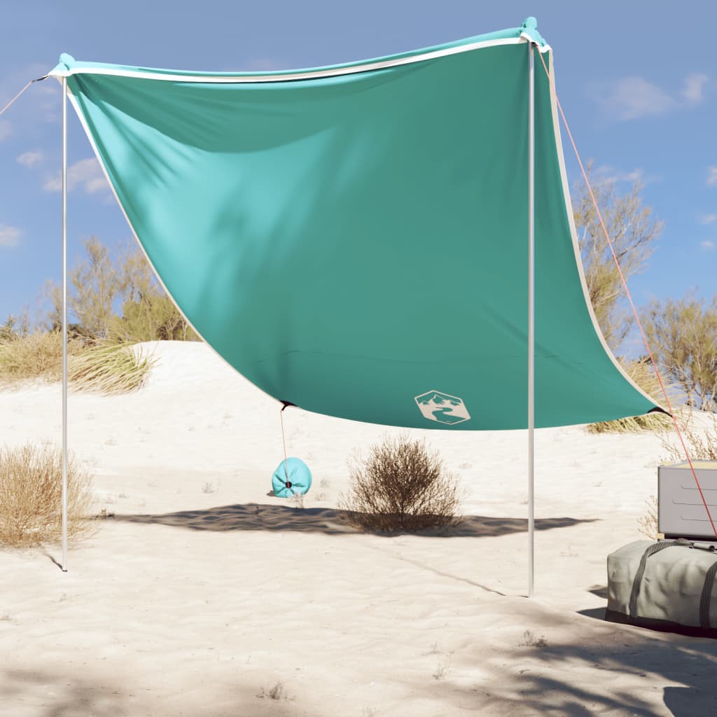 Groene vidaXL strandluifel van 214x236 cm met zandankers, op een zonnig strand.