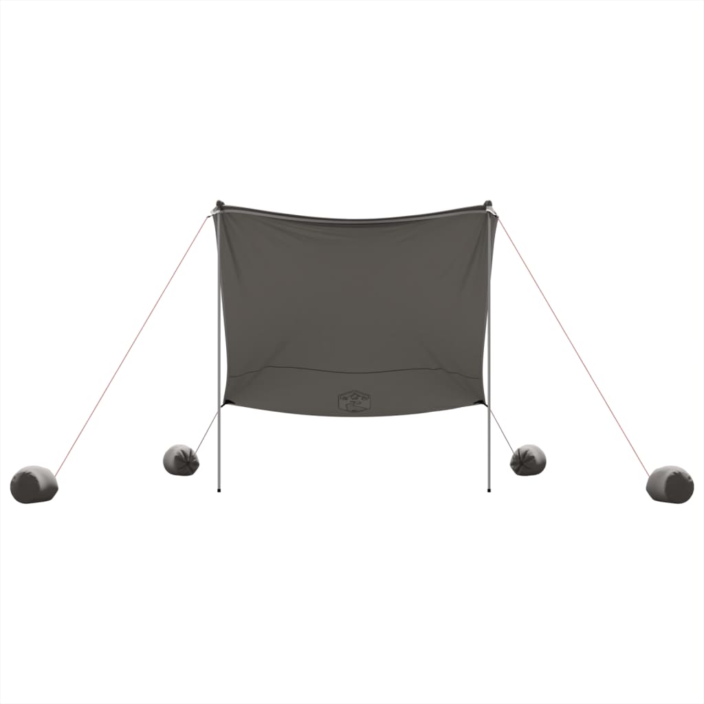 Detail van de grijze vidaXL strandluifel met zandankers, zijaanzicht met stokken en touwen.