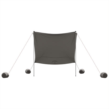 Detail van de grijze vidaXL strandluifel met zandankers, zijaanzicht met stokken en touwen.